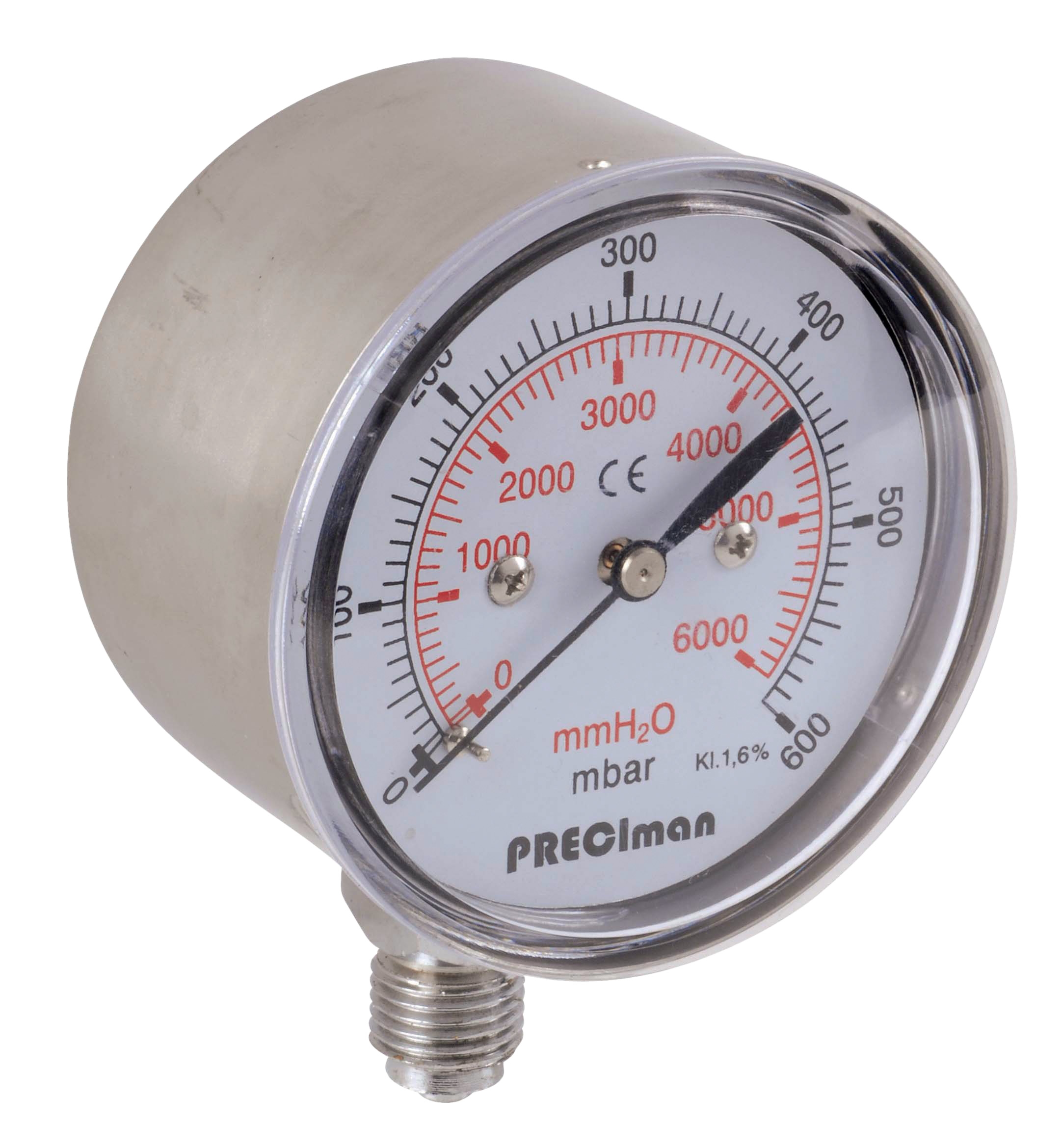 Stainless steel vertical pressure gauge D63 0/+60Mbar G1/4