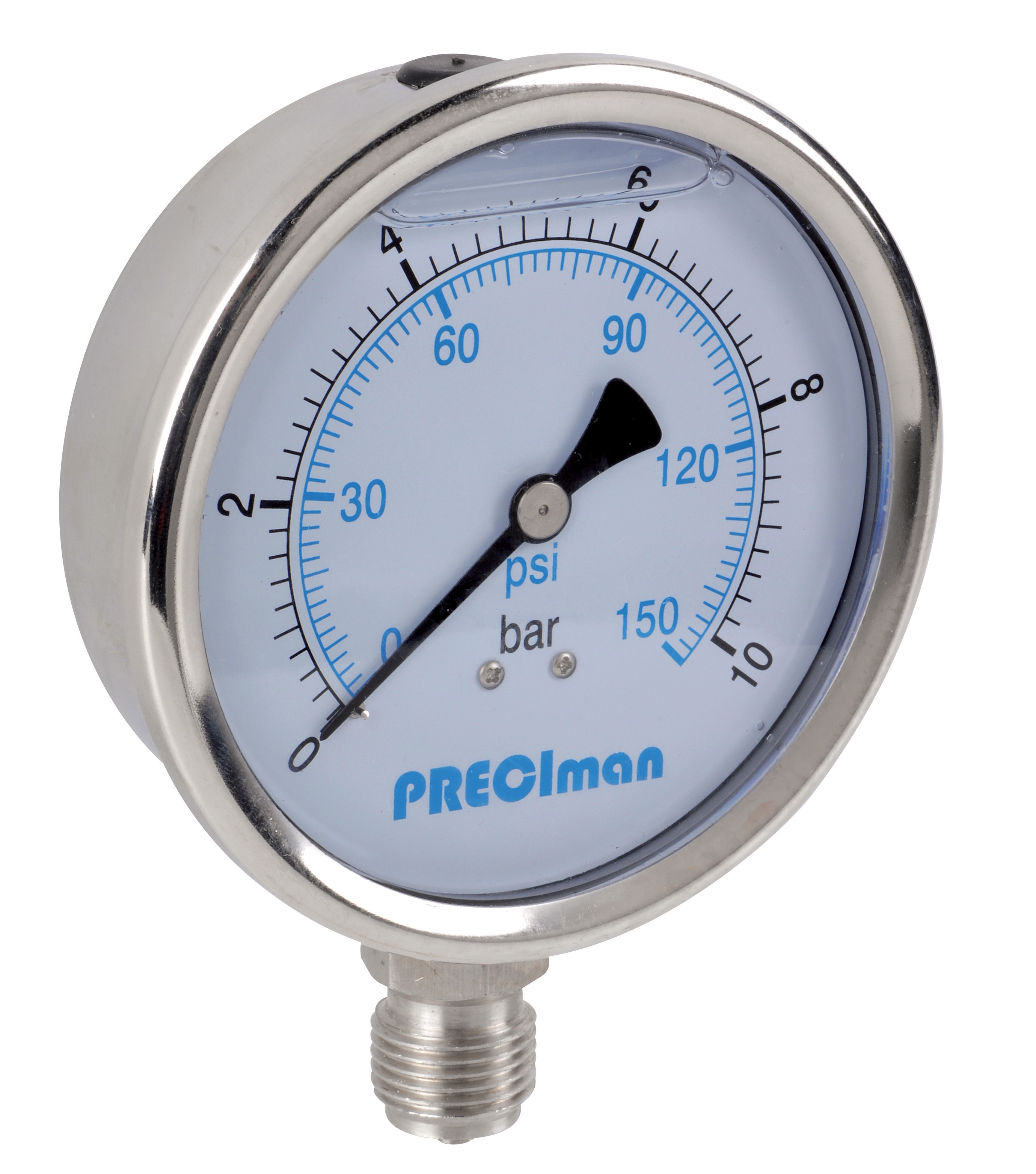 All stainless glycerin gauge green D100 0/+25bar G1/2